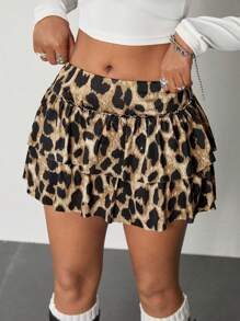 SHEIN EZwear Women's High Waist Layered Leopard Print Upskirt With Lining