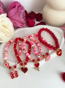 ROMWE Kawaii 5pcs Fashionable Y2K Cute Heart Pendant Polymer Clay Bracelet Set, Gift For Family & Friends On Valentine's Day,Mom,Mother,Mother's Day,Gift