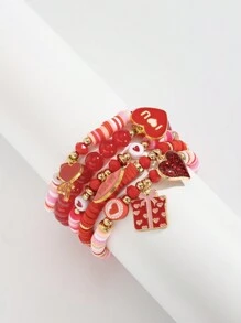 ROMWE Kawaii 5pcs Fashionable Y2K Cute Heart Pendant Polymer Clay Bracelet Set, Gift For Family & Friends On Valentine's Day,Mom,Mother,Mother's Day,Gift
