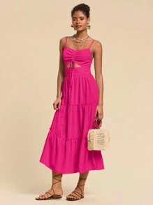Travachic Drawstring Cut Out Ruffle Hem Cami Dress - Hot Pink - View 5