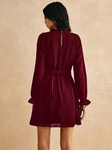 Poéselle Mock Neck Flounce Sleeve Belted Pleated Hem Dress - Burgundy - View 5