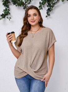 SHEIN Clasi Women Plus Size Summer Solid Color Crew Neck Batwing Sleeve Knot Hem Waffle Casual T-Shirt