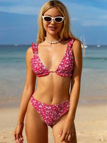 Swim Mod Women Summer Beach Vacation Ditsy Floral Cute Backless Ruffle Strap Bikini Set - Multicolor - View 3