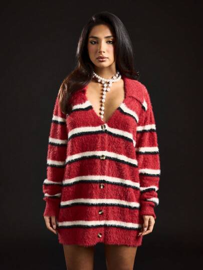 SUMWON WOMEN Winter Fuzzy Striped Button Front Cardigan Outerwear Mohair Feel Long Sleeve Plush Sweater Jacket Casual Knitwear Holiday Party Cozy Layer