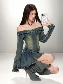 SHEIN EZwear 女士街头风格性感露肩长袖短款蓝色牛仔上衣 - 中等水洗藍 - 查看 4