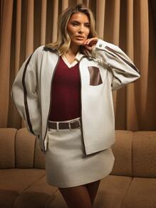 Athîral Women Casual Contrast Trim Jacket For Autumn/Winter - Apricot - View 2