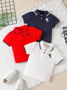 SHEIN Young Boy Classic Fashion Short Sleeve Polo Shirt 3-Piece Set, For Aged 4-7 Years, Suitable For Summer And Spring Wear,Holiday,Summer,Travel, School, Campus, College - Multicolor - View 9