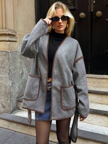 Forever 21 Herfst/Winter Nieuwe Color Block Trim Grijs Enkelzijdig Casual High Street Ins Stijl Warme Modieuze Lange Mouw Jas