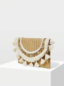 MOTF PREMIUM WOMEN'S VACATION FRINGE TAPE TRIM FLAP WOVEN CLUTCH BAG - Khaki - View 4