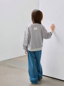 Tween Girls Casual Street Style Sporty Cool Round Neck Long Sleeve Striped Sweatshirt + Loose Fit Denim Long Pants Set - Grey - View 2