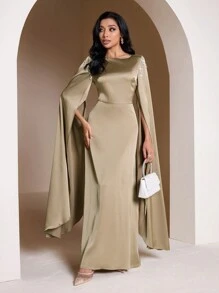 Veilorie Đầm Ả Rập thanh lịch cổ tròn tay áo màu trơn cho nữ khiêm tốn - Màu Khaki - Xem 1