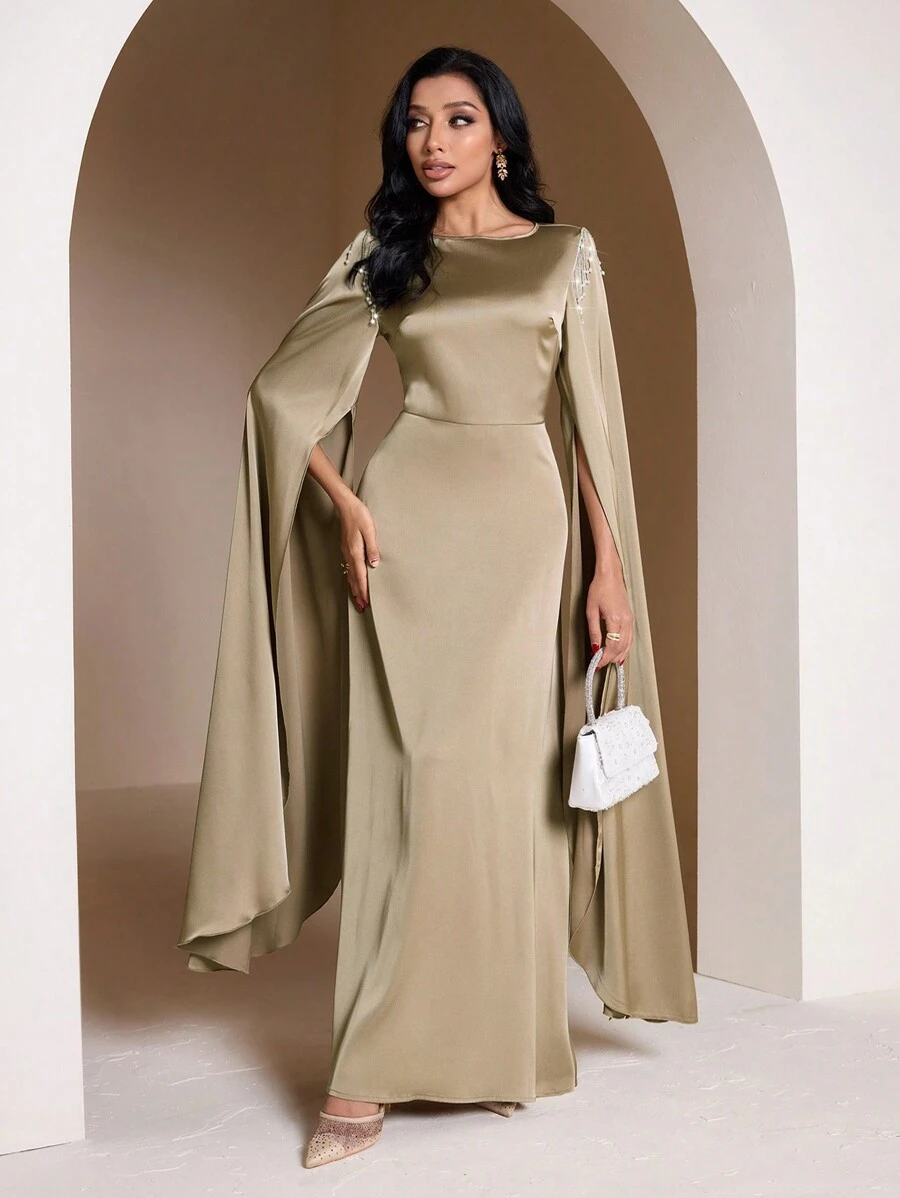 Veilorie Đầm Ả Rập thanh lịch cổ tròn tay áo màu trơn cho nữ khiêm tốn - Màu Khaki - Xem 1