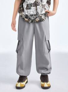 SHEIN Tween Winter/Spring Cargo Sportswear Grey Cuffed Pants - Grey - View 3