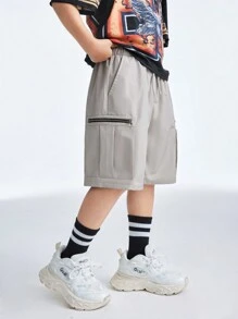 SHEIN Teenager Spring/Summer Zipper Design Drawstring Waist Shorts Cargo Plain Cream Street Wear - Khaki - View 3