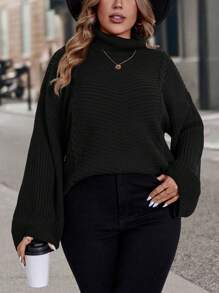 SHEIN LUNE 大码休闲宽松高领针织毛衣套头衫，采用精致的凸起针织纹理，打造休闲外观。派对、音乐节、家居服、返校活动、送礼和购物。冬装、乡村上衣、秋季毛衣