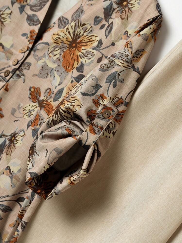 Rusticease 2pcs/Set Women's Beige Summer Boho Vacation Holiday Floral Print Shirt & Wide Leg Pants Set,Elegant Casual Loose Contrast Print Bohemian Suit - Khaki - View 6
