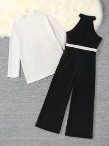 SHEIN Tween Girl 2 件套：纯色落肩开衫 + 纯色无袖连体裤，休闲