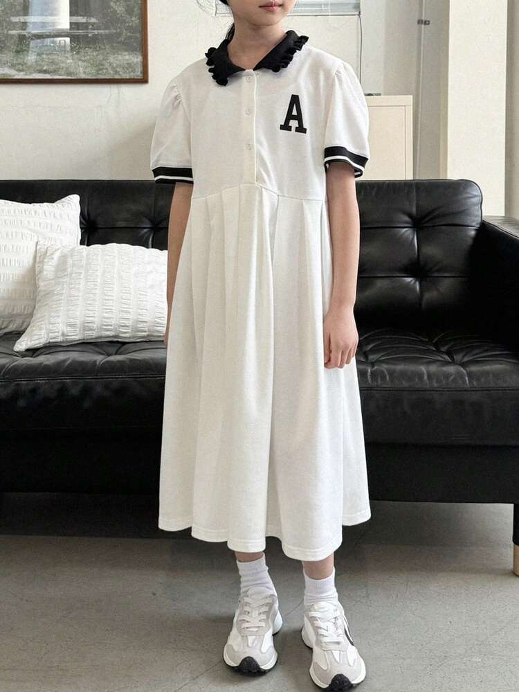 Tween Girl Polo Letter Print Knit Short Sleeve Dress, Summer