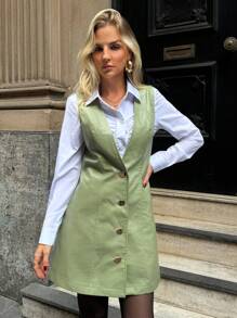 Forever 21 Autumn/Winter New Deep V-Neck Sleeveless A-Line Mini Dress, Versatile Olive Green - Green - View 3