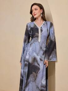 Al Najma Tie-Dye Print V-Neck Long Sleeve Cinched Waist Dress, Flowy Dress,Modest