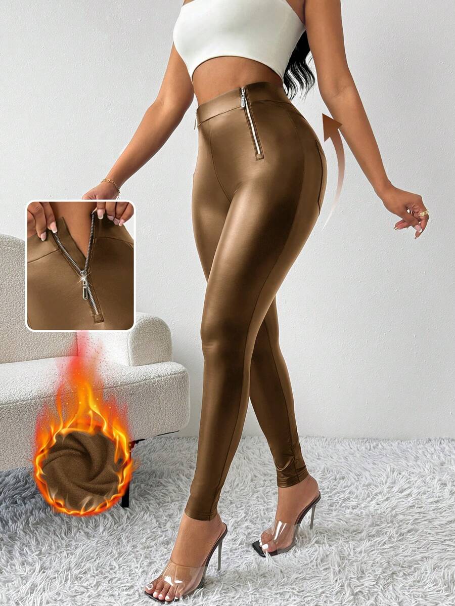 SHEIN Lady 女士黑色纯色高腰拉链长裤修身皮裤返校节黑色皮裤 - 棕色 - 查看 1