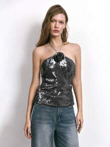 Maija 冬季新款都市派对露背灰色优质亮片 3D 装饰手工玫瑰优雅复古别致上衣，适合节日派对、圣诞节、感恩节、正式场合、日常休闲、户外、居家情人节 - 銀色 - 查看 2