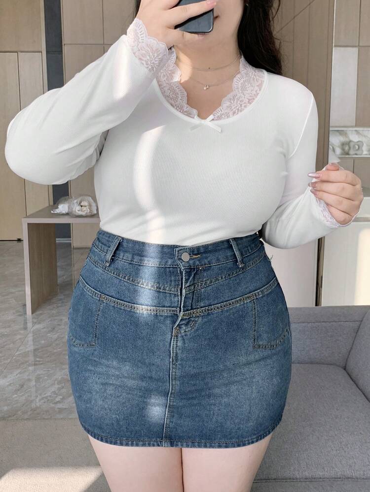 Dazy Plus Lace Patchwork V-Neck Slim Fit White Long Sleeve T-Shirt, Spring/Summer/Autumn,Fall Women Clothes