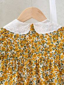 SHEIN LMoss Kids LMoss Newborn Baby Girl Cute Ditsy Floral Pattern Collared Short Sleeve Bodysuit, Summer - Yellow - View 3