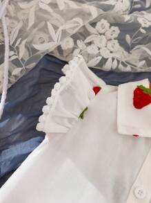 SHEIN 2pcs/Set,Baby Girl Spring&Summer Casual Style Strawberry Shape Embroidery Shirt&Short Jeans - White - View 5