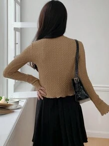 DAZY Solid Color Textured Long Sleeve V-Neck Elegant Resort Blouse For Women, Spring/Summer,Fall Clothes