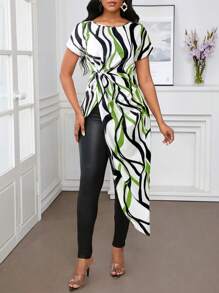 SHEIN Lady 女士圆领短袖扭纹不对称下摆条纹印花衬衫