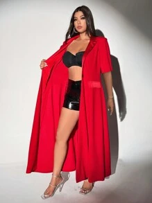 Viva Relle 大码针织塔夫绸优雅长款短袖薄夹克 - 紅色 - 查看 6