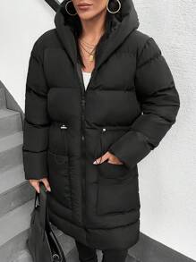 EURMUSE Hooded Front Big Pocket Detailed Waist Drawstring Women's Winter Coat - Black - View 4
