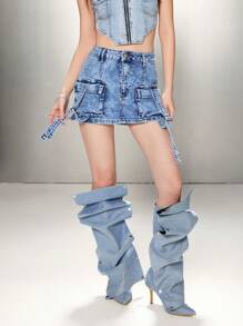 SHEIN EZwear 女士牛仔迷你裙 街头风 性感 蓝色 - 中等水洗藍 - 查看 6