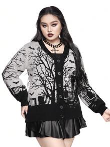 ROMWE Goth 哥特式恐怖乌鸦、蝙蝠、月亮、墓碑和树枝印花宽松拼色开衫，加大码，适合冬季 - 黑色 - 查看 3