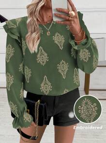 SHEIN Clasi Blusa casual de manga larga y manga abullonada con cuello con volantes bordados de lino para mujeres