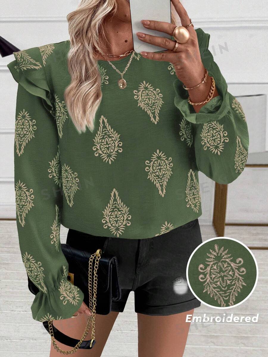 SHEIN Clasi Blusa casual de manga larga y manga abullonada con cuello con volantes bordados de lino para mujeres