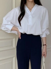 DAZY Áo cánh đơn giản cổ chữ V dài tay rộng rãi màu trơn cho nữ, Xuân/Hè - trắng - Xem 8