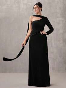 SHEIN Belle Women's Solid Color Asymmetrical Neck Long Sleeve Maxi Elegant Evening Gown, Black Formal Dress, Wedding Guest Dress, Party Dress