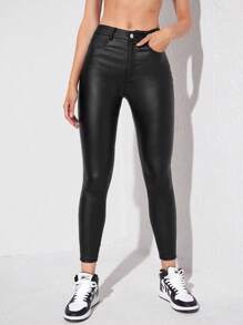 SHEIN Unity 女士休闲纯色紧身裤，女士休闲纽扣、口袋、拉链自然紧身短款黑色粘胶紧身女裤，秋冬，休闲日常穿着 - 黑色 - 查看 1