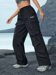 In My Nature Pantalones cargo holgados con impresión de letras, cintura con cordón y bolsillos para mujer