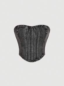 SHEIN 女士休闲洗水牛仔吊带背心 - 黑色 - 查看 1