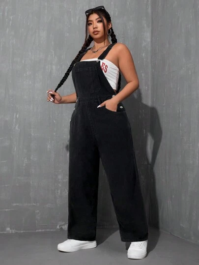 SHEIN ICON Plus Size Broad Strap Button Pocket Simple Casual Denim Jumpsuit