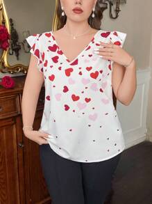 SHEIN Privé Bluzka z dekoltem w serek i falbanką w kształcie serca walentynkowego, z krótkim rękawem, elegancka, biurowa, damska, w kolorze czerwonym, świąteczny wzór miłosny