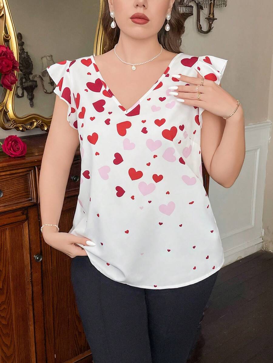 SHEIN Privé Bluzka z dekoltem w serek i falbanką w kształcie serca walentynkowego, z krótkim rękawem, elegancka, biurowa, damska, w kolorze czerwonym, świąteczny wzór miłosny