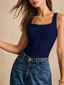 Poéselle Solid Seam Front Tank Top, Summer Clothes Square Neck, Short Women Top - Navy Blue - View 1