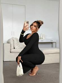 SHEIN SXY Tan Cable Knit Round Neck Long Sleeve Dress, Autumn/Winter - Black - View 4