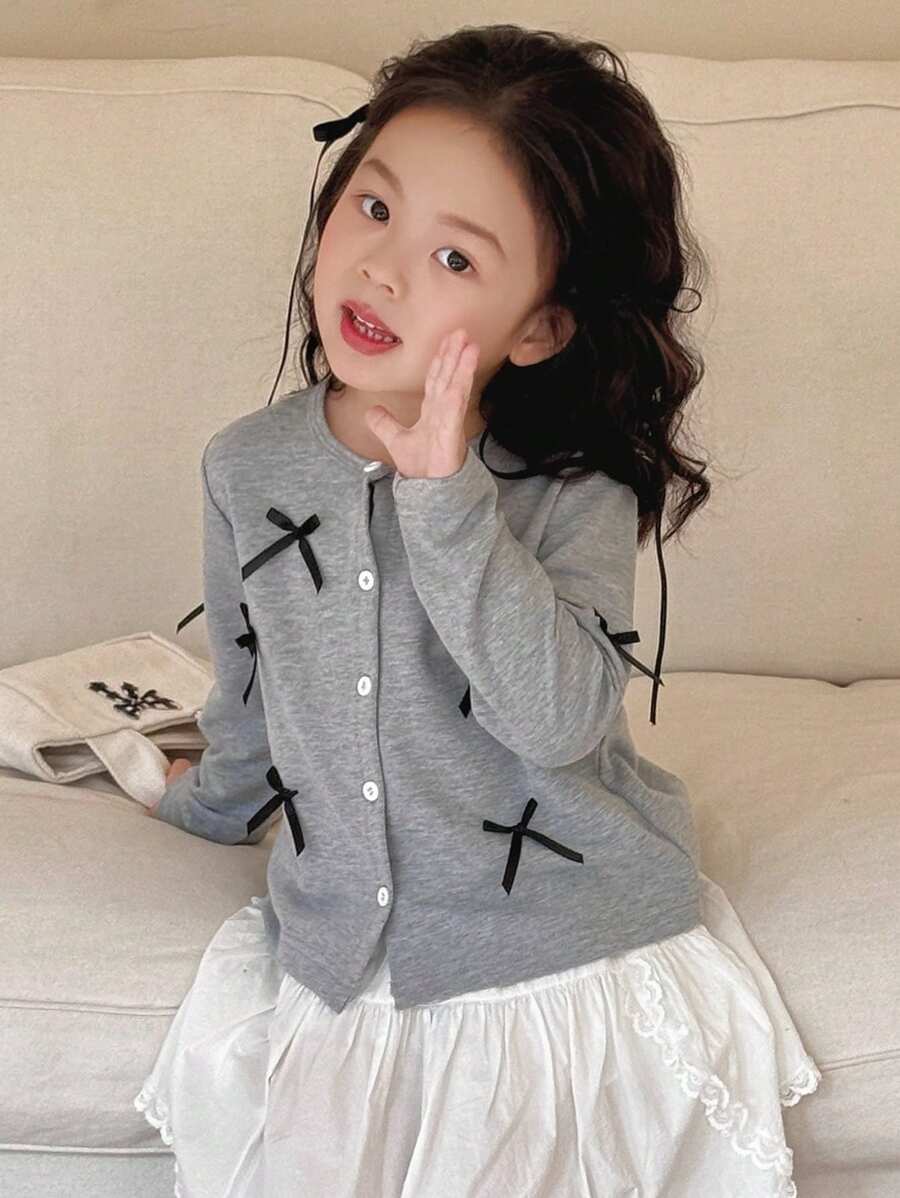 Dazy Kids Girls Round Neck Long Sleeve Knitted Tee With Bow Decor, Spring Young Girl Clothes