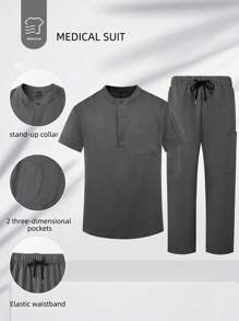 Manfinity Homme Set de 2 piezas de uniforme médico con camisa de manga corta de botones delanteros de unicolor con bolsillo y pantalón largo para hombres