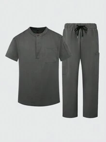 Manfinity Homme Set de 2 piezas de uniforme médico con camisa de manga corta de botones delanteros de unicolor con bolsillo y pantalón largo para hombres